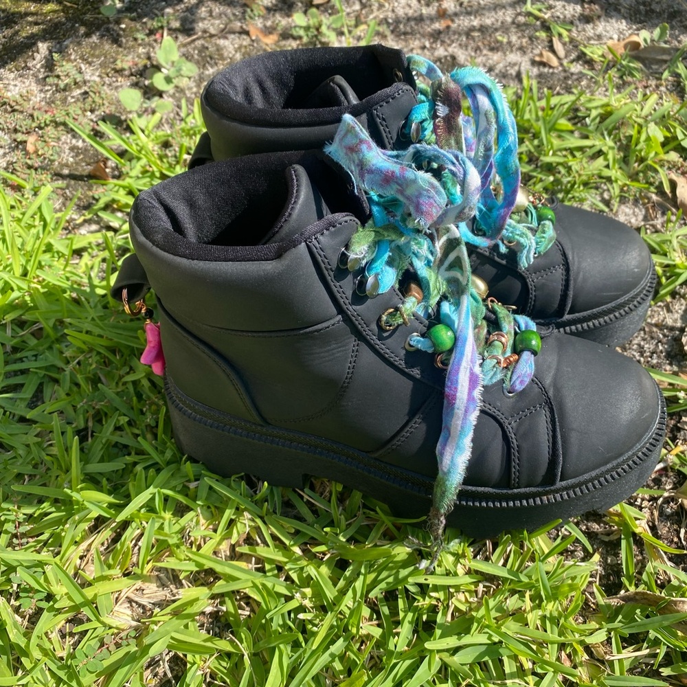 Black Lace-Up Ankle Boots with Colorful Beaded Laces